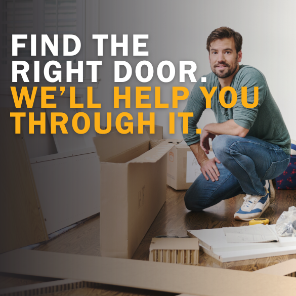 Find the right door and we will help you through it. Man unpacking boxes.