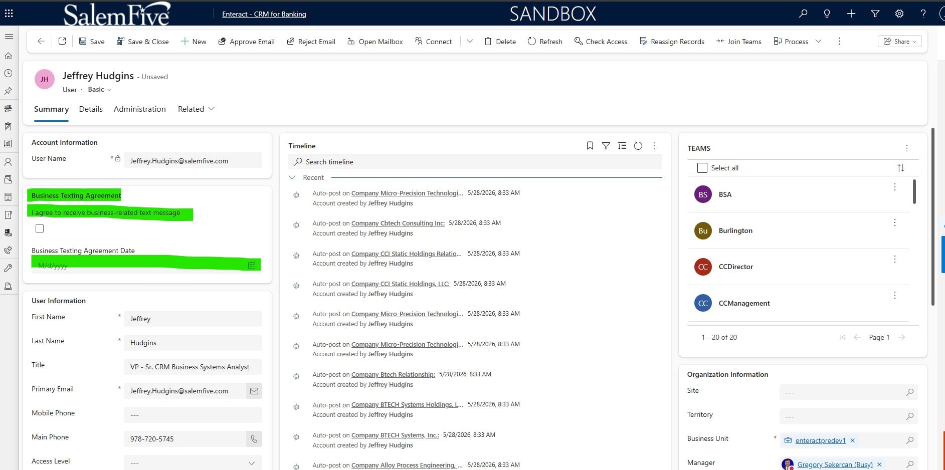 Screenshot of opt in on internal CRM page