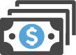 Icon of three overlapping dollar bills with a dollar sign ($) in the center.
