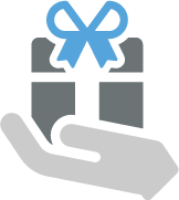 Hand holding a gift box with a blue ribbon.