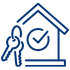Line icon of a person standing next to a house with a shield and checkmark symbol representing landlord protection or property insurance.