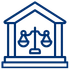 Line icon of a courthouse with scales of justice symbol representing law firm or legal services.