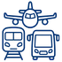 Line icon of multiple trains on tracks with wings symbol above representing transportation systems or transit services.