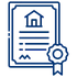 Line icon of a real estate document with a house symbol and an official seal representing title services or real estate transactions.