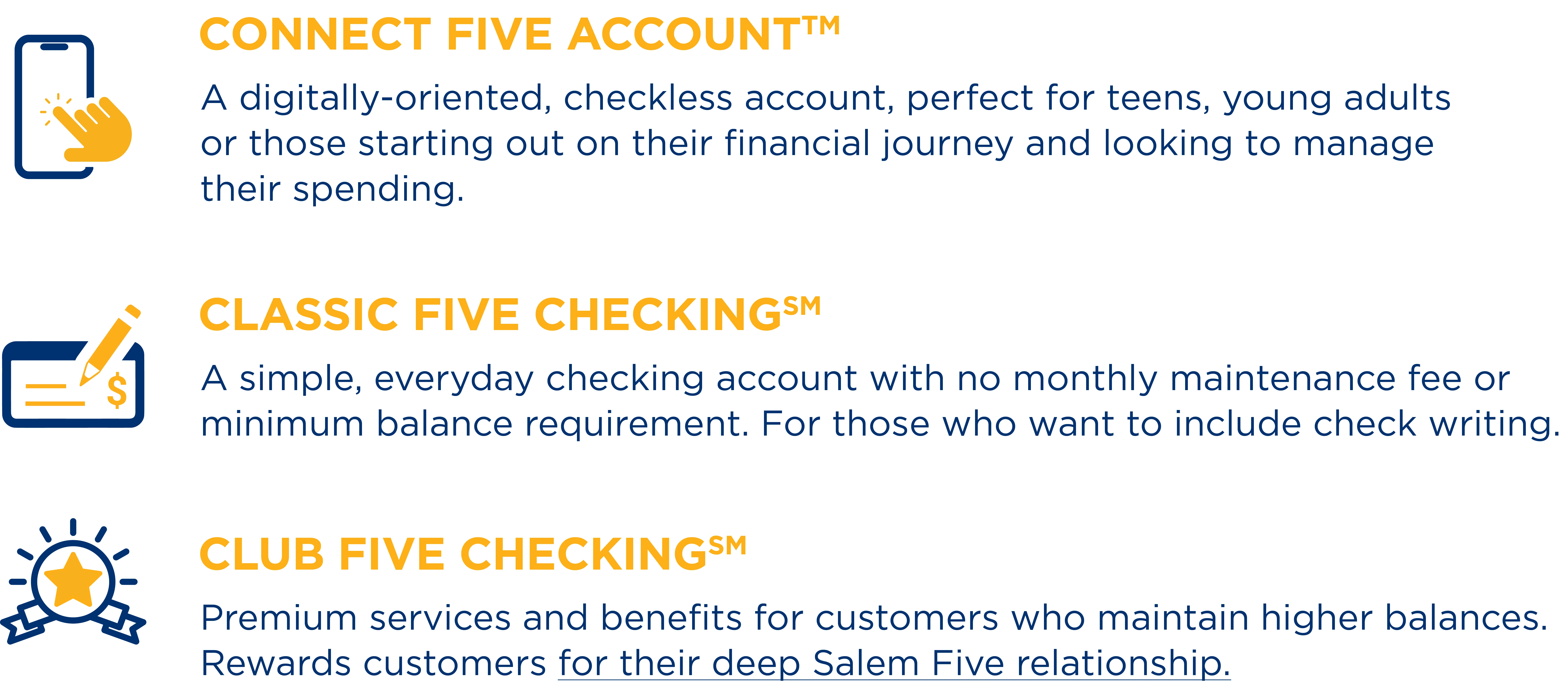Comparison of Salem Five Connect Five, Classic Five Checking and Club Five Checking accounts.