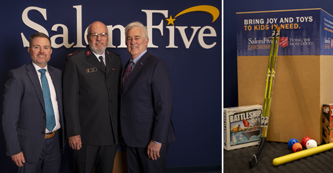 Salem Five employees, The Salvation Army Major and tou donation drop-off box