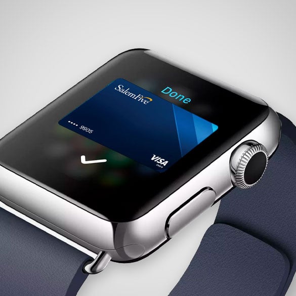 Make Purchases Using Your Salem Five Visa Debit Card with Apple Pay Apple Watch Displaying Salem Five Visa Debit Card