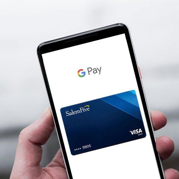 Make Purchases Using Your Salem Five Visa Debit Card with Google Pay Android device displaying Salem Five Visa Debit Card