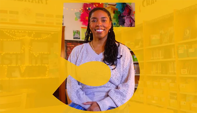 Person sitting in a classroom or learning space with bookshelves and decorations in the background and a large stylized number 5 overlay.